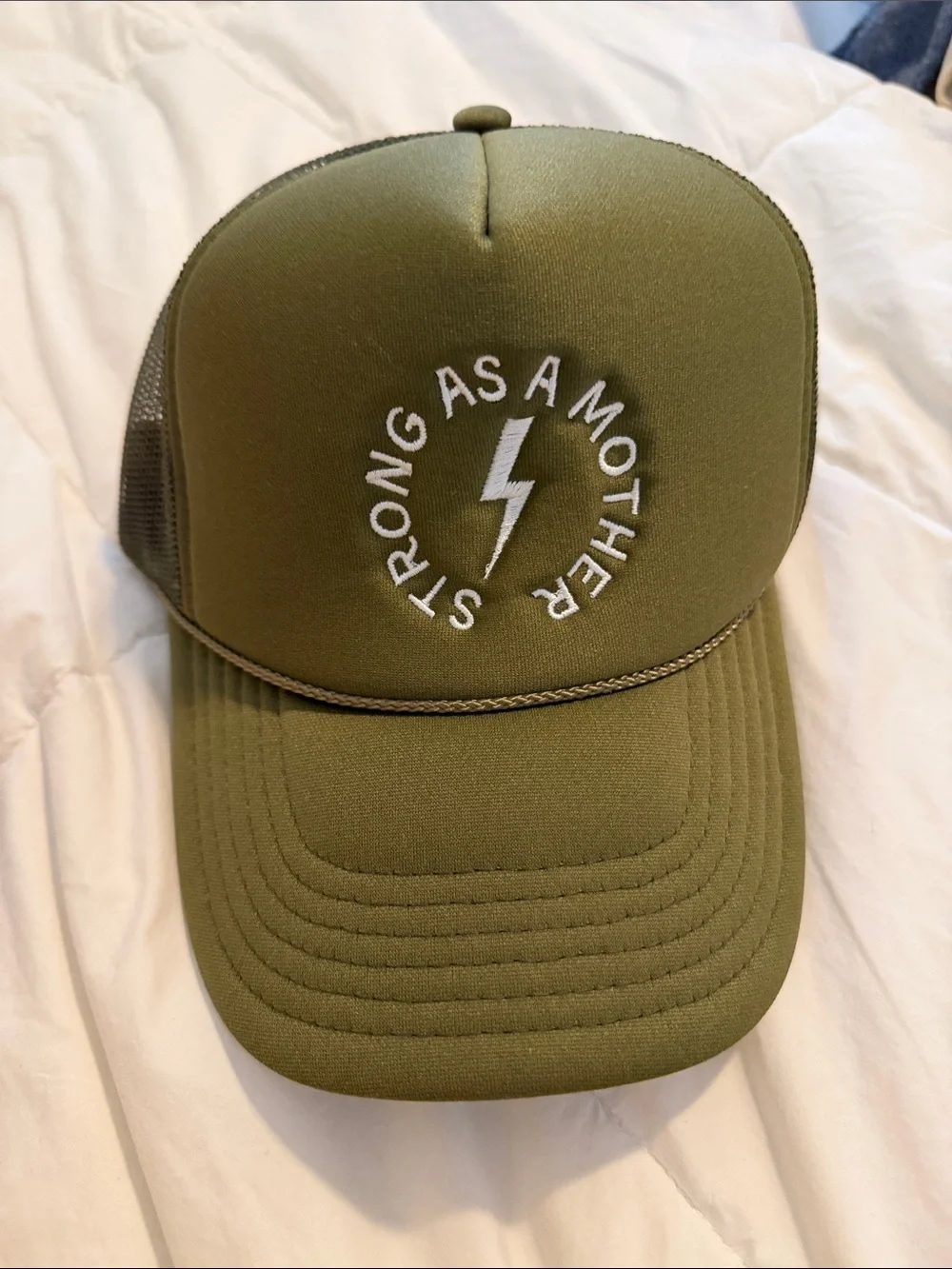 Olive Green Trucker Hat with 'Strong As A Mother' Embroidery